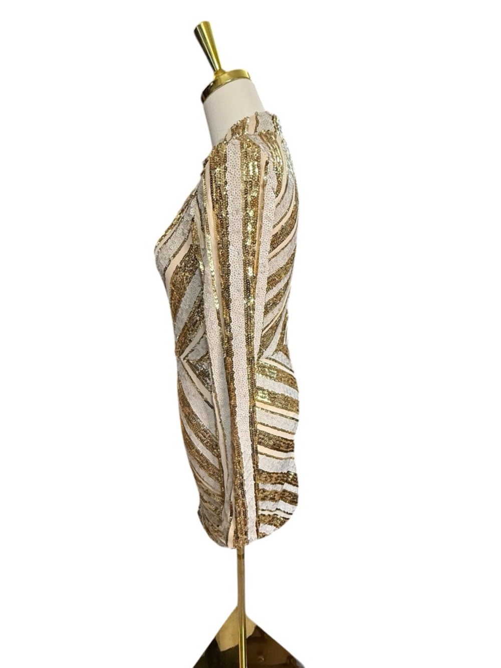 CBR Gold Cream & White Chevron Sequin Mini Bodycon Dress Size S (Size 2-4) - Picture 4 of 8